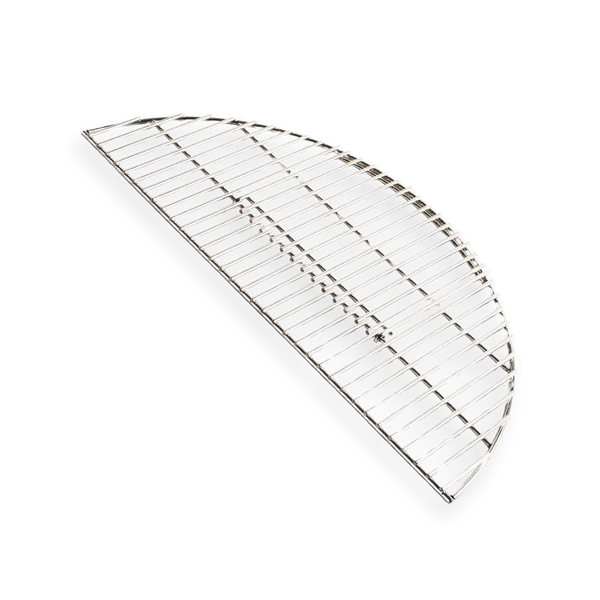 Stainless steel semi-circular grill grate for charcoal grill or smoker on black background.