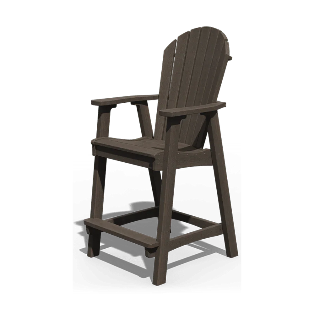 Brown Adirondack-style counter chair with armrests and footrest, ideal for outdoor seating.