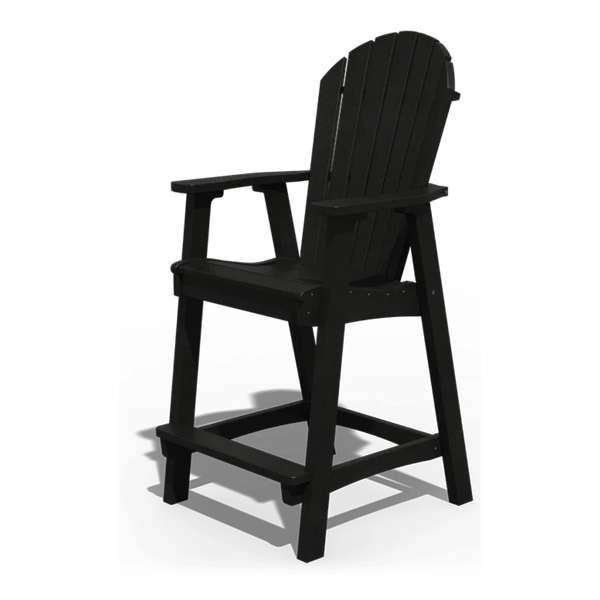 Black outdoor counter-height chair with armrests and slatted back, ideal for patio seating.