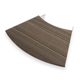 Curved wood-textured grill accessory panel with metal edges for outdoor grill table