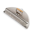Stainless steel grill smoker lid with wooden handle, thermometer, and vent on black background