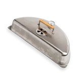 Stainless steel grill smoker lid with wooden handle, thermometer, and vent on black background