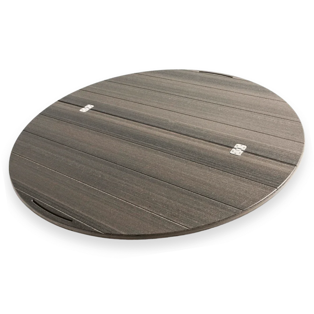 Round wooden Lazy Susan tabletop accessory with visible hinges and handle slot.