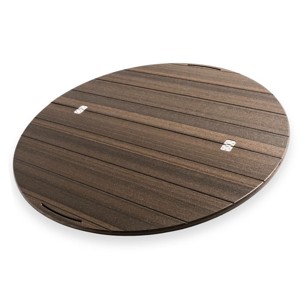 Round wooden Lazy Susan tabletop with dark finish and metal accents, ideal for outdoor dining.