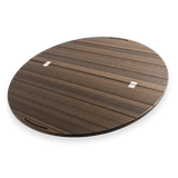 Round wooden Lazy Susan tabletop with dark finish and metal accents, ideal for outdoor dining.