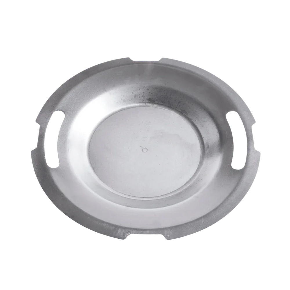 Stainless steel charcoal grill ash pan with side handles, top view