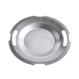 Stainless steel charcoal grill ash pan with side handles, top view