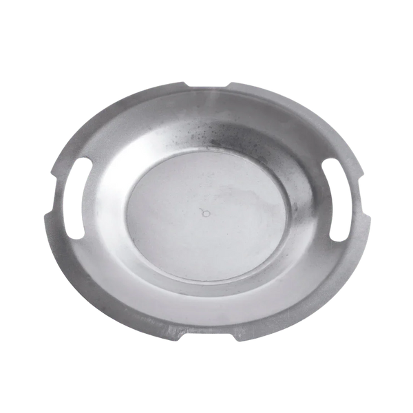 Stainless steel charcoal grill ash pan with side handles, top view