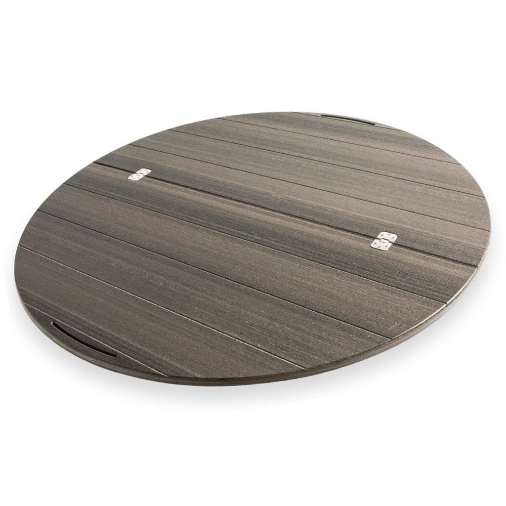 Round wooden Lazy Susan with dark finish and metal hinges, grilling accessory