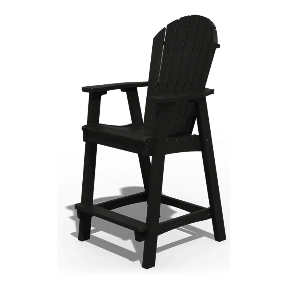 Black outdoor counter-height Adirondack chair with armrests and slatted back