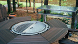 5-in-1 outdoor rotating charcoal grill with wood dining table on patio