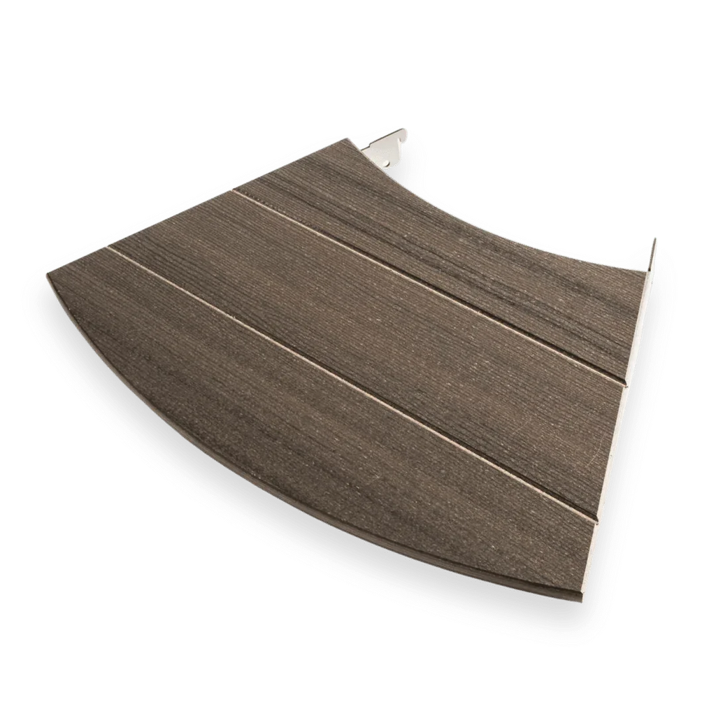 Curved grill accessory panel with wood-texture finish and stainless steel frame