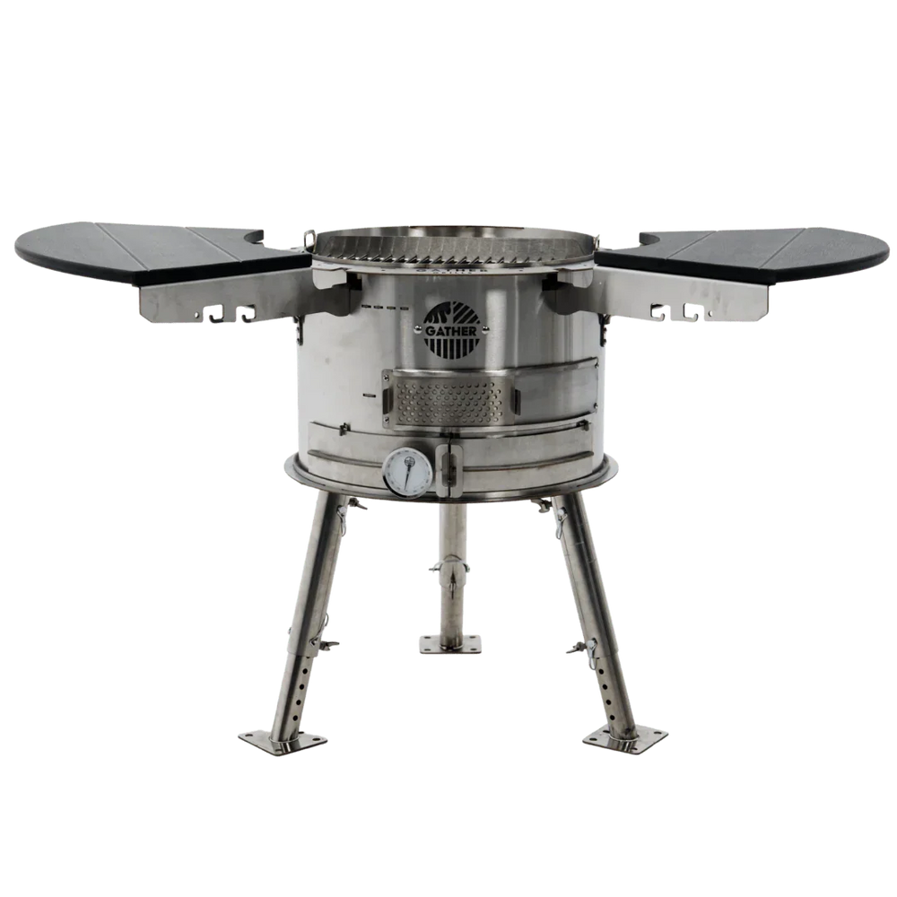 5-in-1 stainless steel rotating charcoal grill with side shelves and temperature gauge