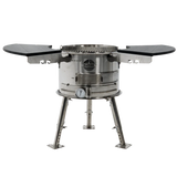 5-in-1 stainless steel rotating charcoal grill with side shelves and temperature gauge