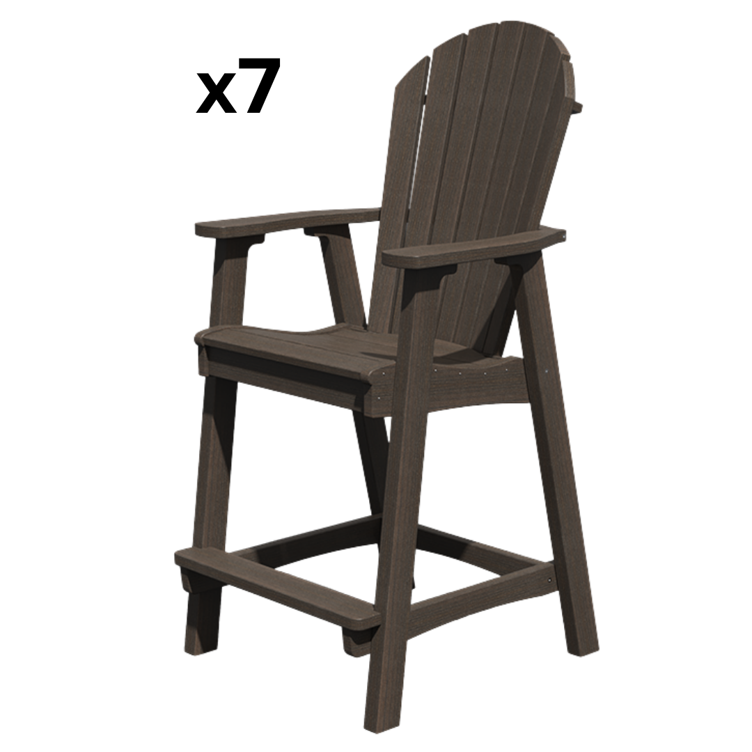 Brown counter height Adirondack chair with armrests and footrest, outdoor furniture