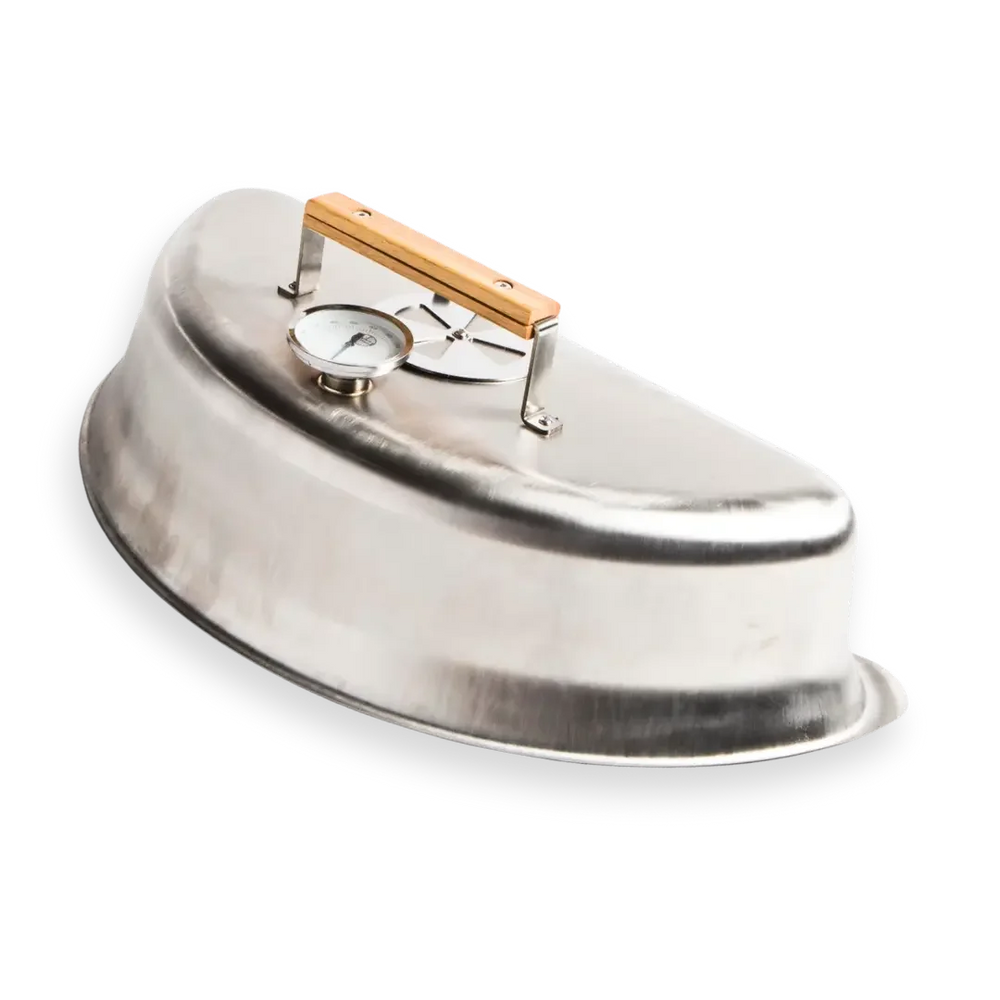 Stainless steel smoker lid with thermometer, wooden handle, and vent for charcoal grill