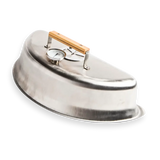 Stainless steel smoker lid with thermometer, wooden handle, and vent for charcoal grill