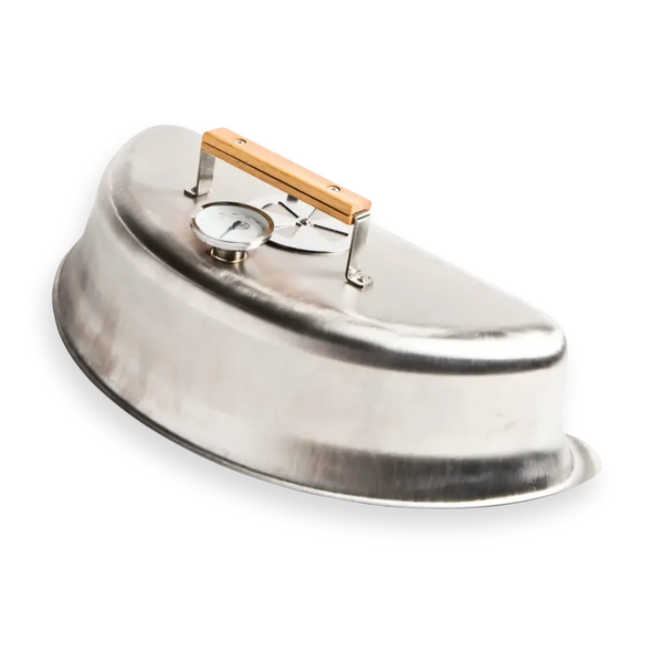 Stainless steel smoker lid with thermometer, wooden handle, and vent for charcoal grill