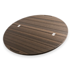 Round wooden Lazy Susan table top with dark finish and horizontal slats
