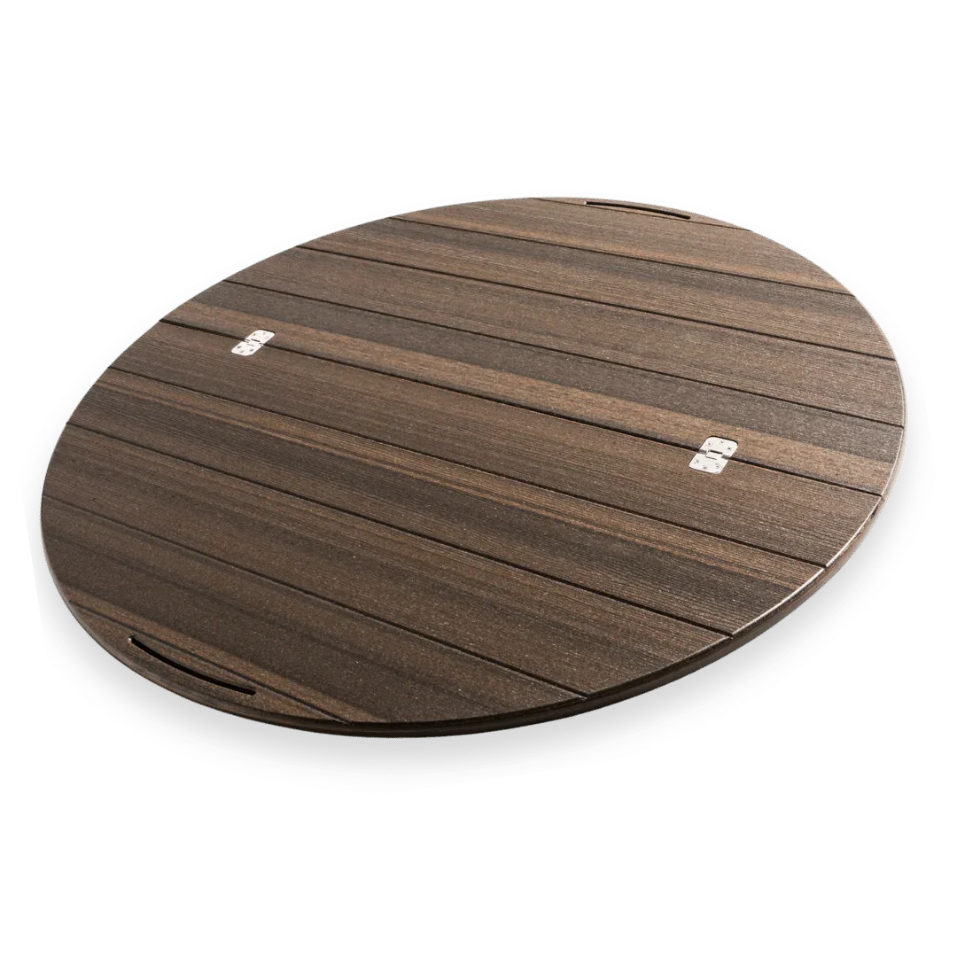 Round wooden Lazy Susan table top with dark finish and horizontal slats