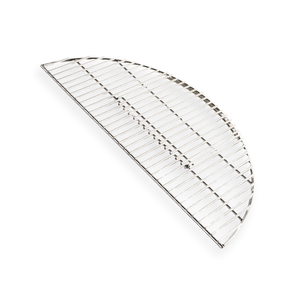 Stainless steel half-round grill grate for charcoal grill or smoker on black background