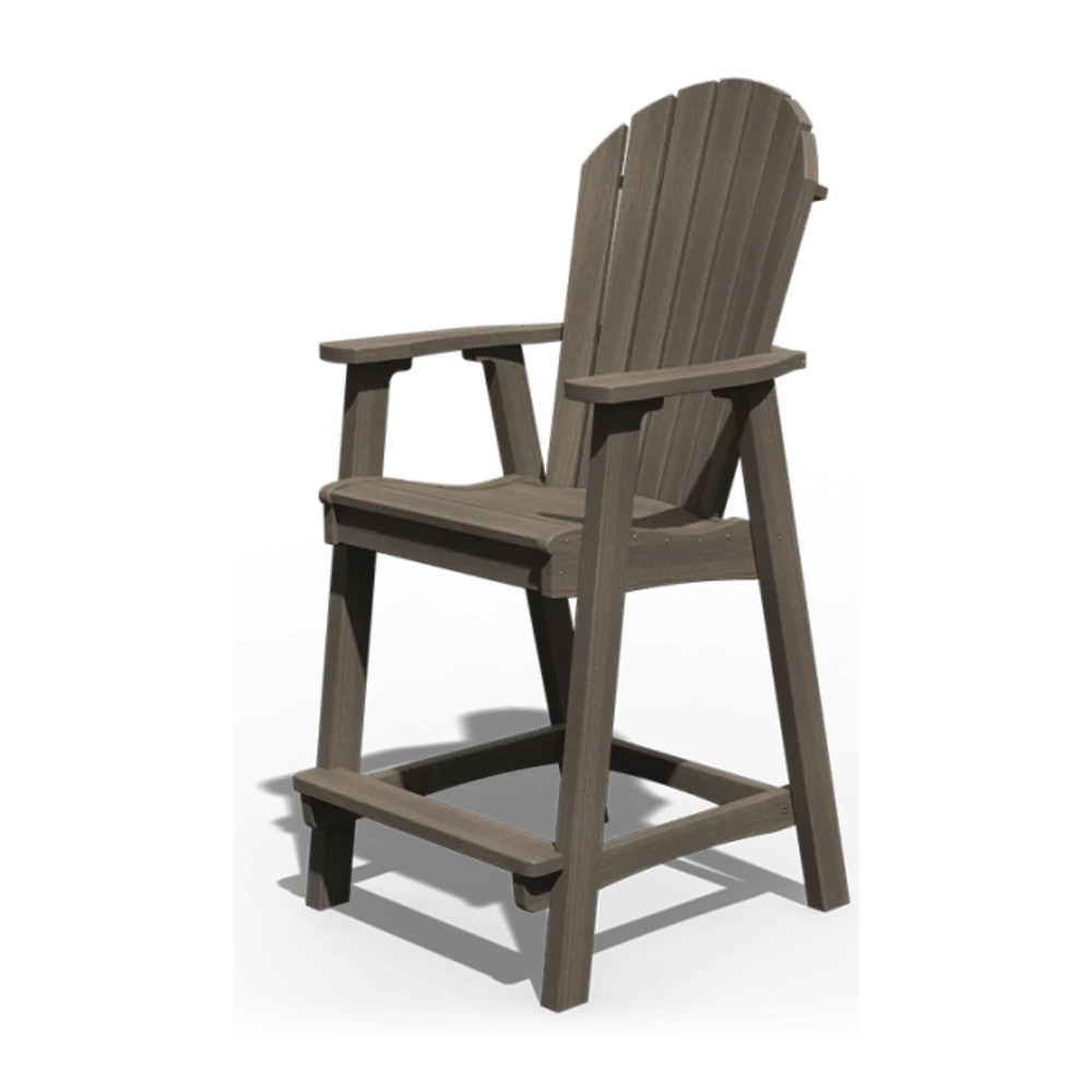 Outdoor wooden counter-height chair with armrests and slatted backrest.