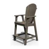 Outdoor wooden counter-height chair with armrests and slatted backrest.