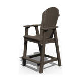 Brown Adirondack-style counter chair with armrests and footrest, ideal for outdoor seating.