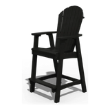 Black outdoor counter-height chair with armrests and slatted back, ideal for patio seating.