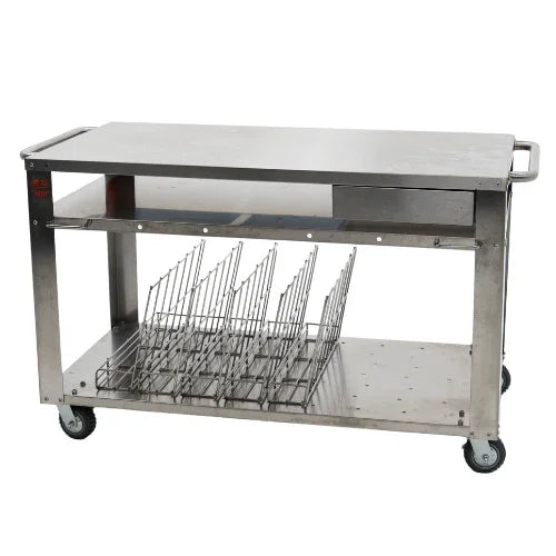Stainless steel prep table with storage shelf and utensil rack on caster wheels