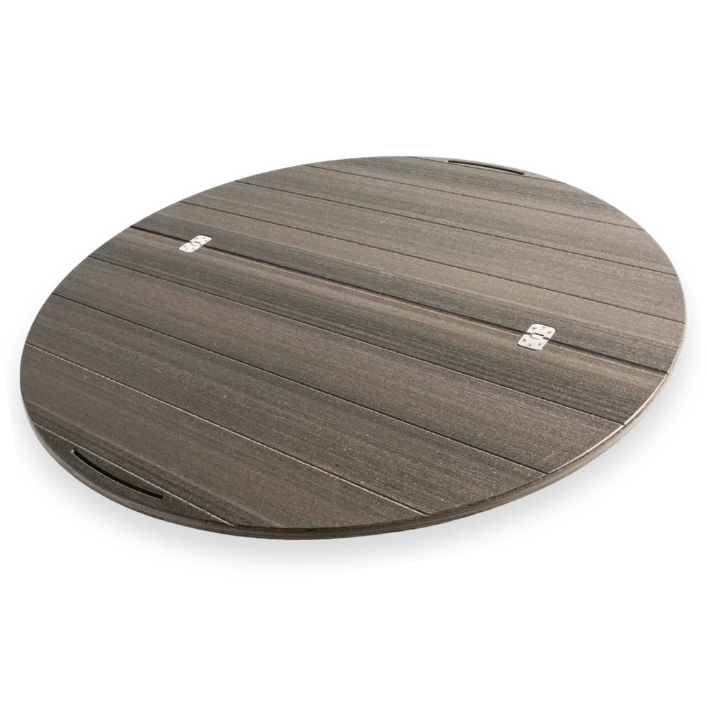 Round wooden lazy Susan turntable with metal hinges and handle slot, outdoor dining accessory