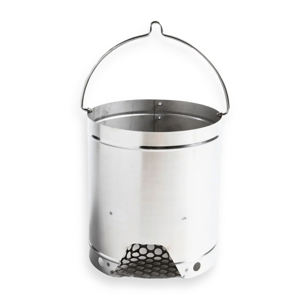 Stainless steel charcoal starter with handle and ventilation holes for grilling
