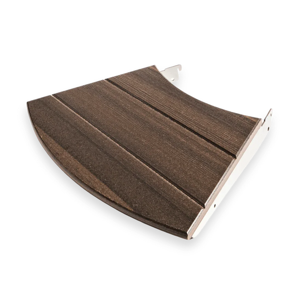 Curved dark wood grill table wing attachment with metal brackets